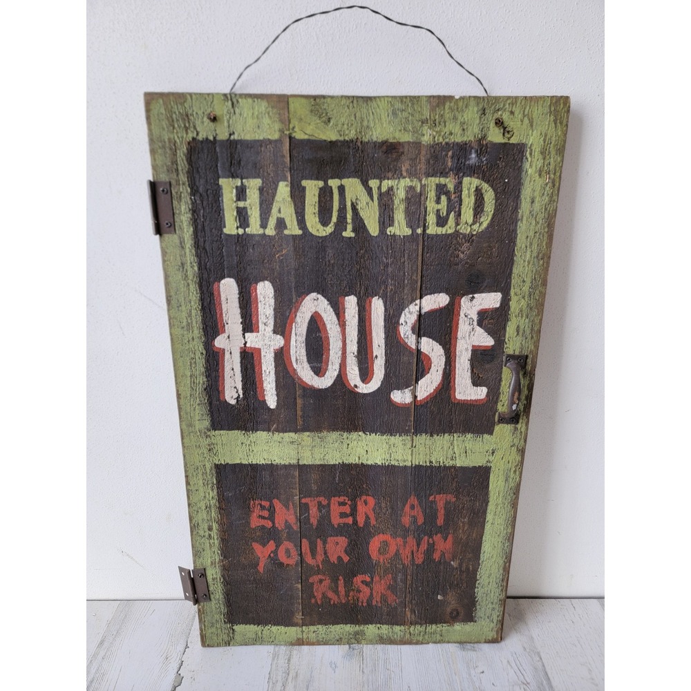 Wooden haunted house door hinge hanging Halloween sign home decor